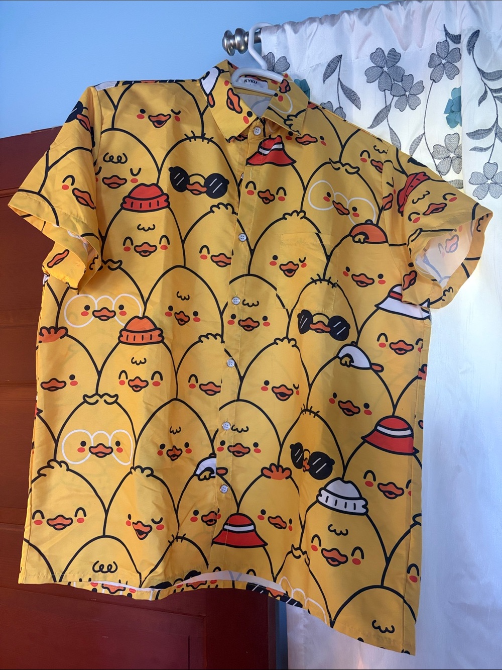 Yellow Novelty Chick Print Short Sleeve Button-Down Shirt